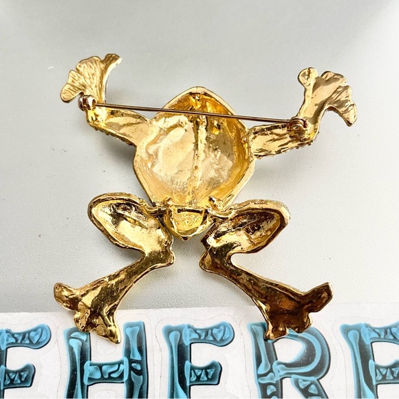Vintage Large Articulated Glittery Rhinestone Frog Brooch Gold Tone - Picture 4 of 6